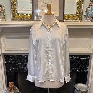 “a new day” White Satin Button Down Shirt